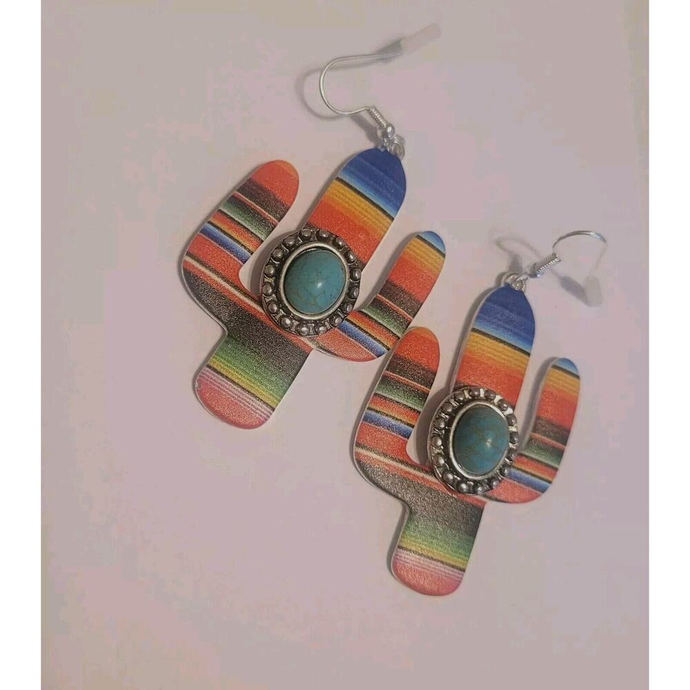 Earrings Serape Cactus Turquoise Stone Fishhook Western Boho Fashion Jewelry